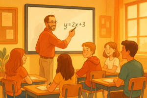 Profesor la tablă, predând o lecție de matematică, imagine generată AI